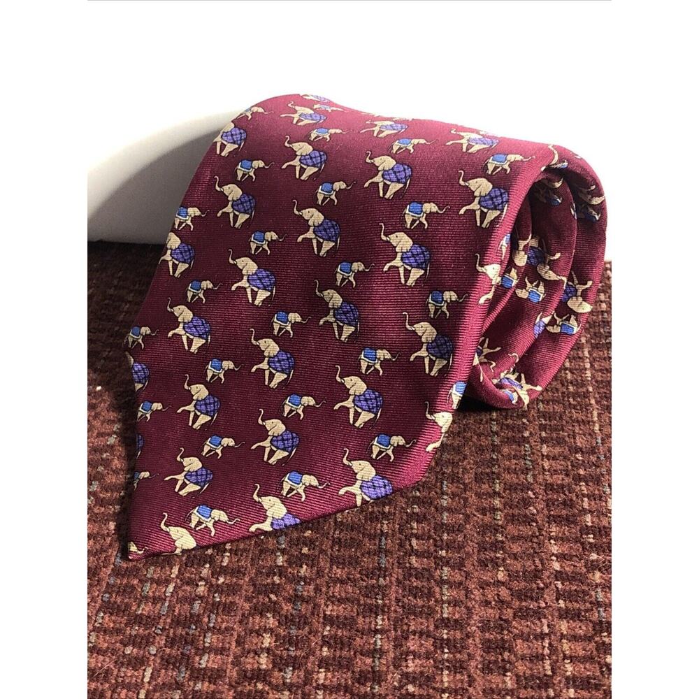Brooks Brothers Makers Mens Tie Necktie Plum Color Elephants Print 100% Silk USA